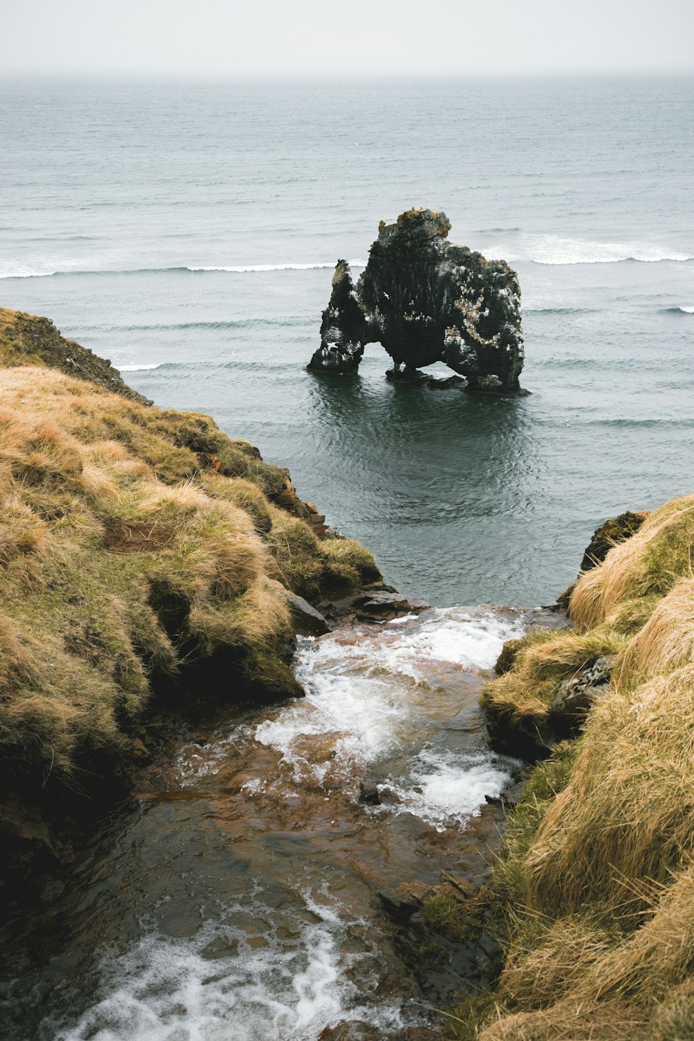 a body of water surrounded by grass and rocks