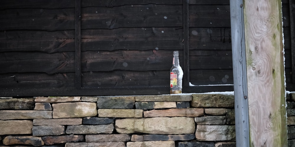 a bottle of beer sitting on top of a stone wall