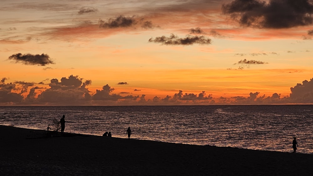 a group of people standing on top of a beach next to the ocean