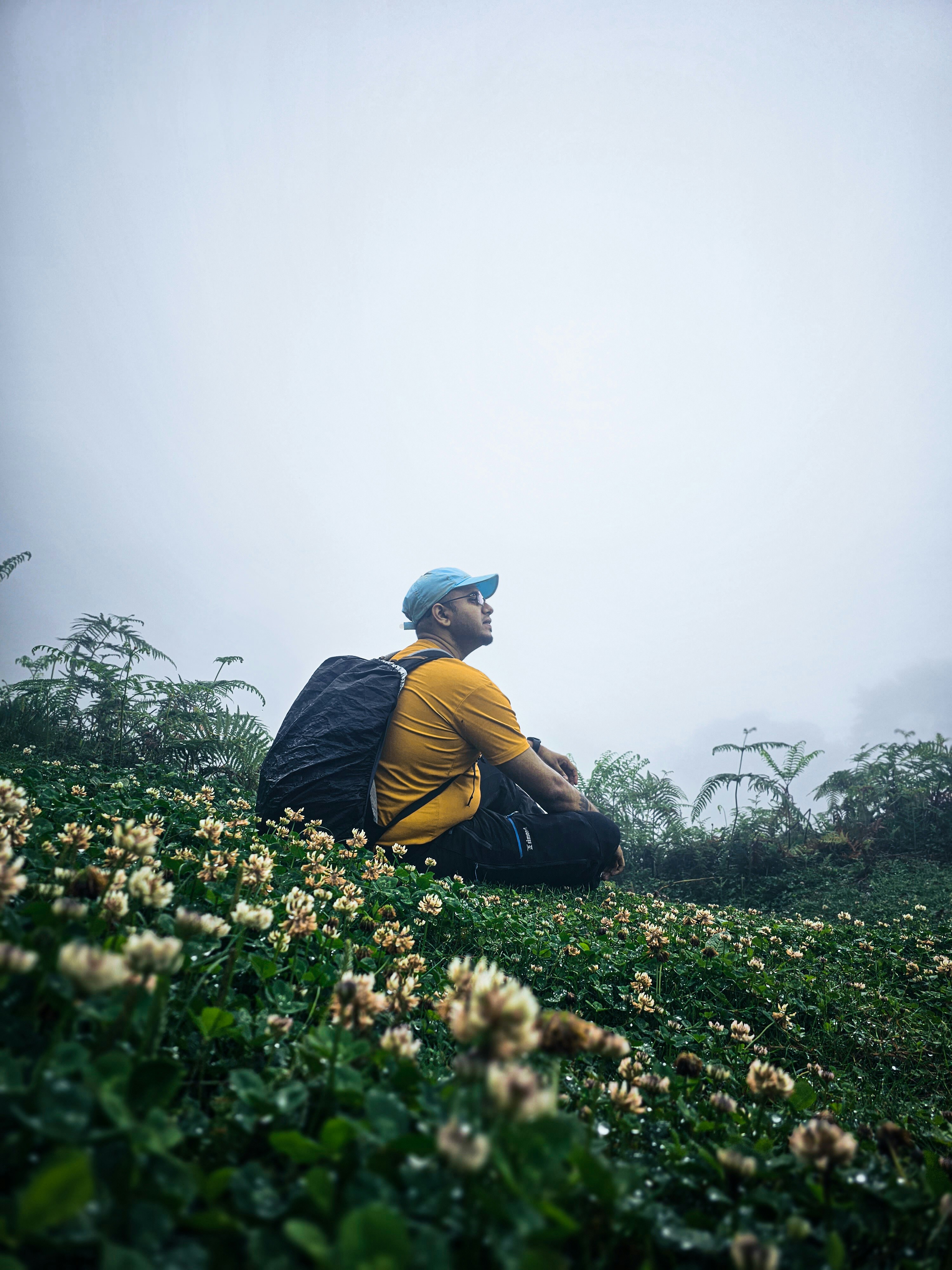 a man sitting in a field of flowers on a foggy day