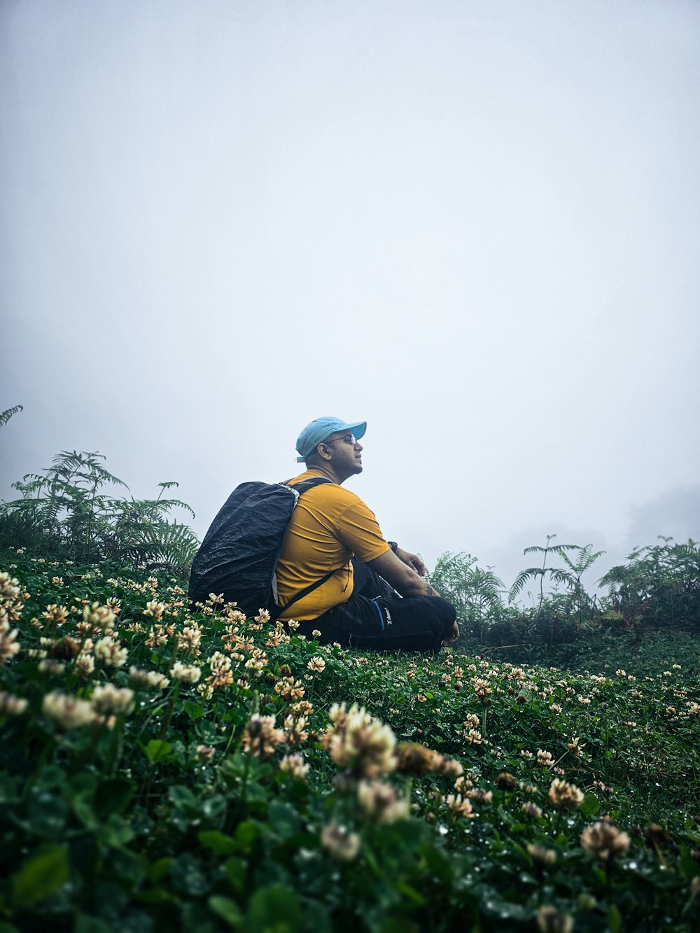 a man sitting in a field of flowers on a foggy day