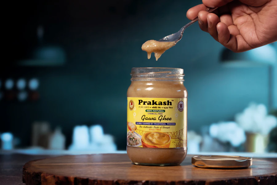 Golden ghee jar in sunlight