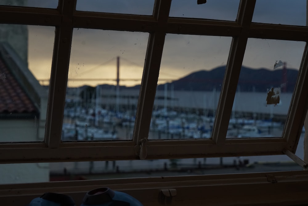 a view of a harbor from a window