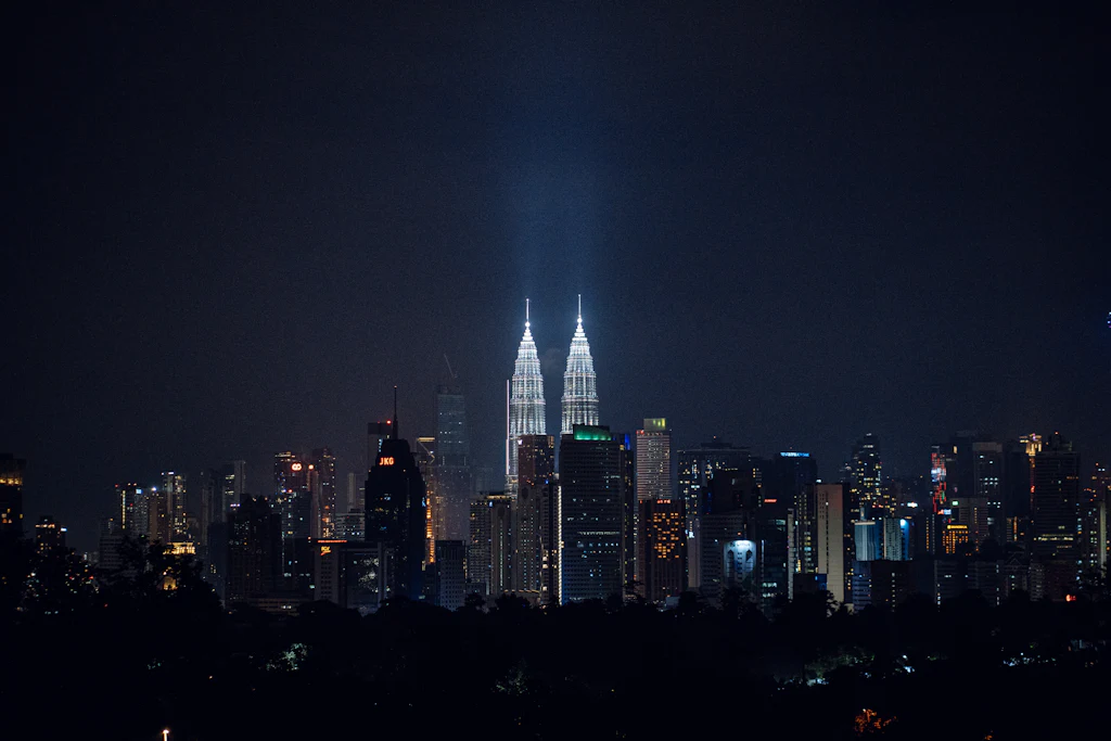 Kuala Lumpur skyline at night with the illuminated Petronas Twin Towers above dark foreground trees