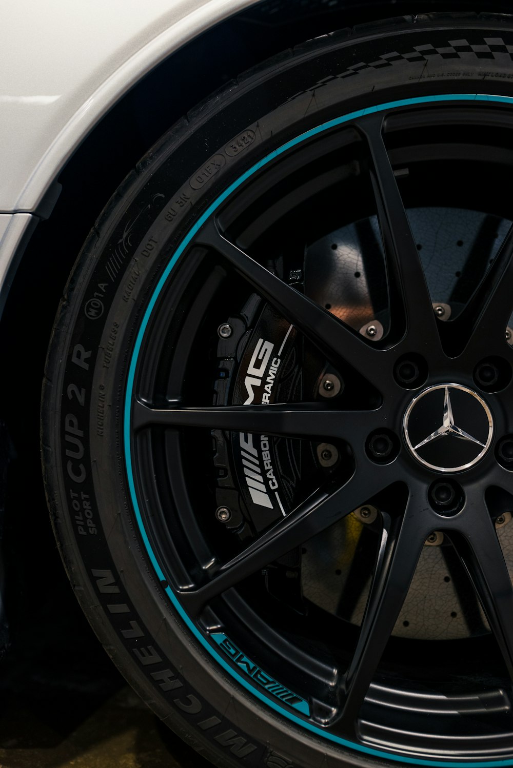 a close up of a tire on a car