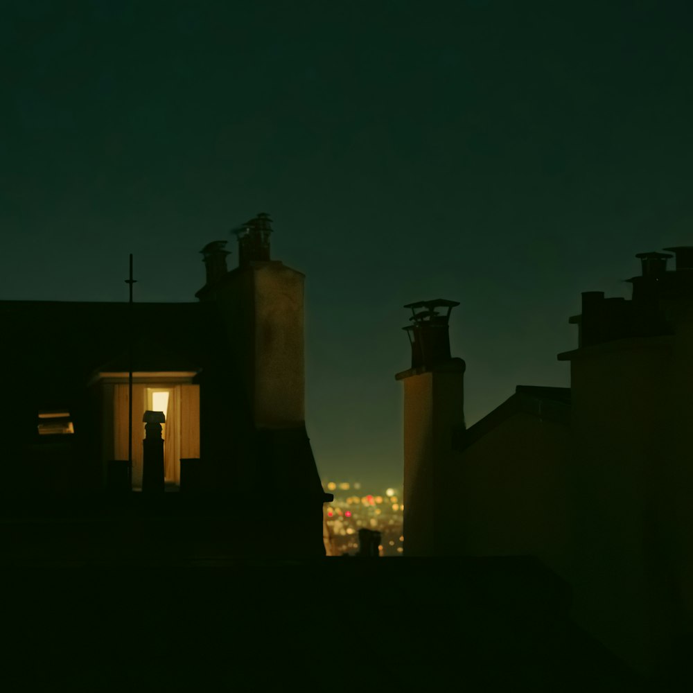 a person standing outside of a building at night