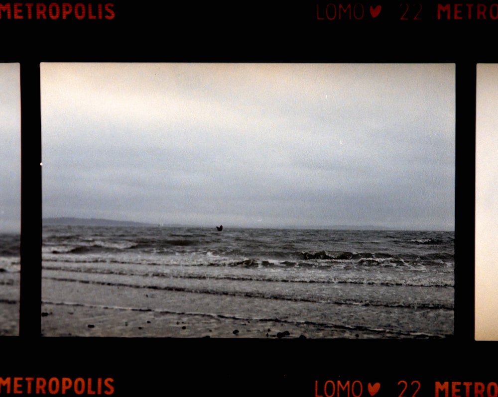 three pictures of a beach with a boat in the distance