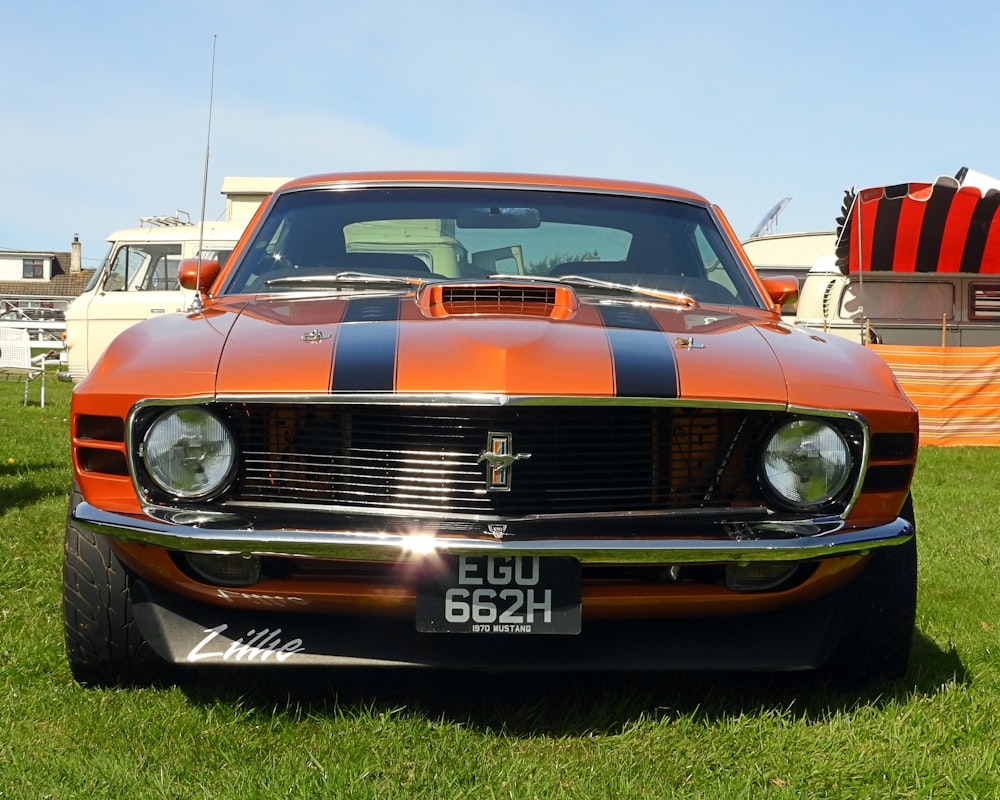 an orange and black mustang sitting on top of a lush green field