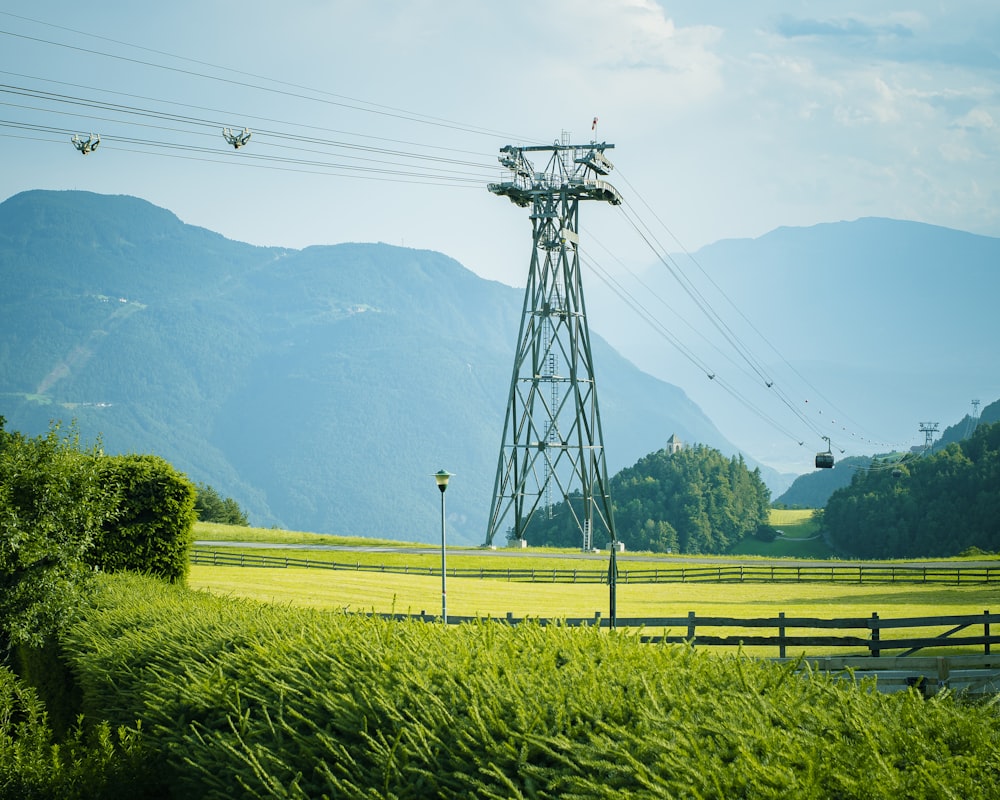 a power line in the middle of a lush green field