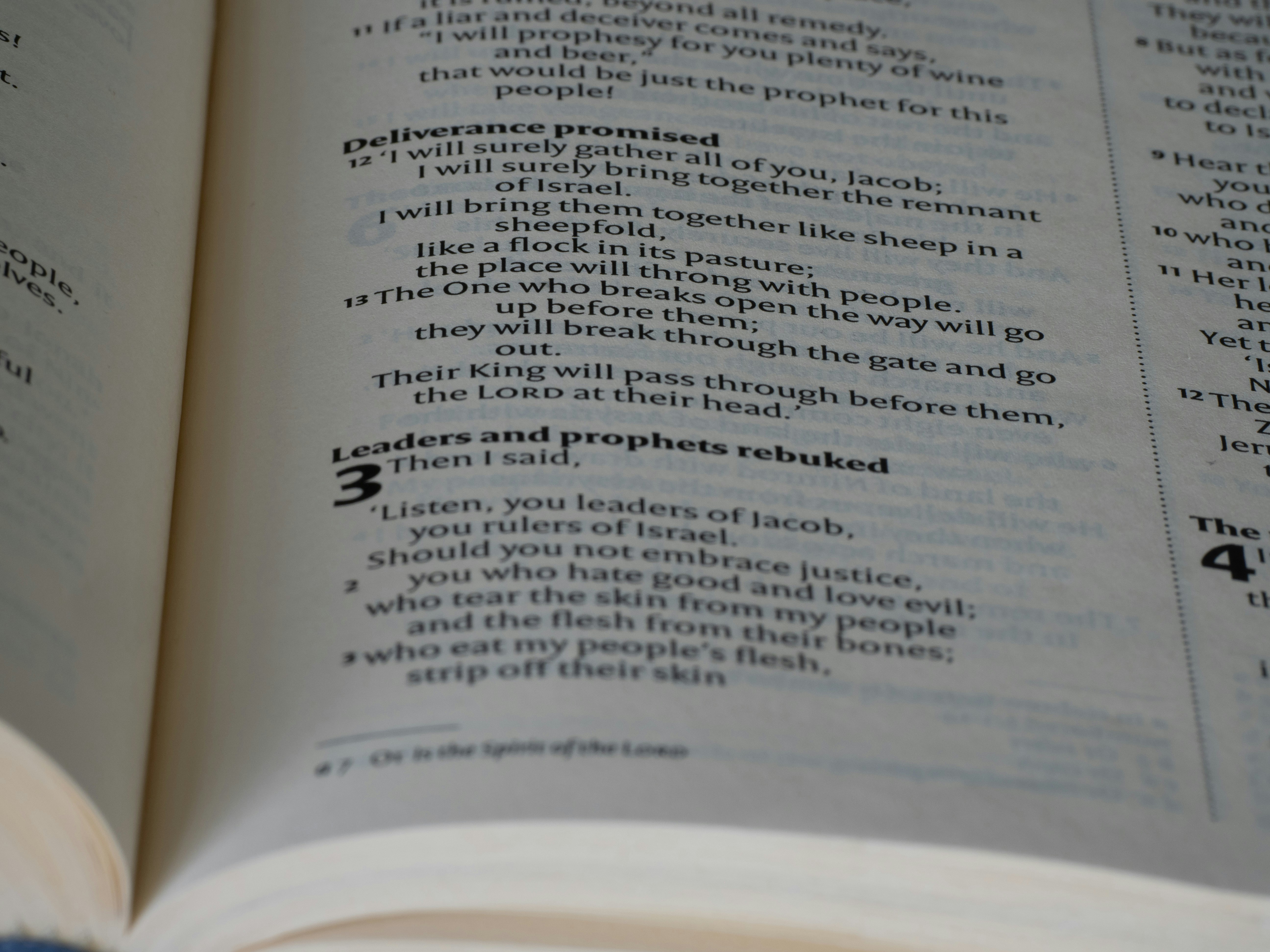 close up, bokeh, macro, blur, blurred background, close focus, bible, old testament, hebrew bible, christian, judaism, history, text, reading, bible study, devotions, New International Version, type, typography, canon, christianity, scripture, old testament, hebrew bible, micah, micheas, minor prophet, jotham, ahaz, hezekiah,