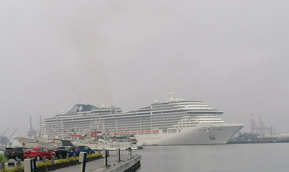 a large cruise ship docked in a harbor