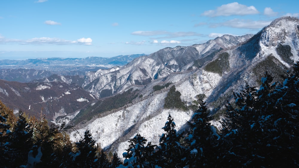 a view of a mountain range covered in snow