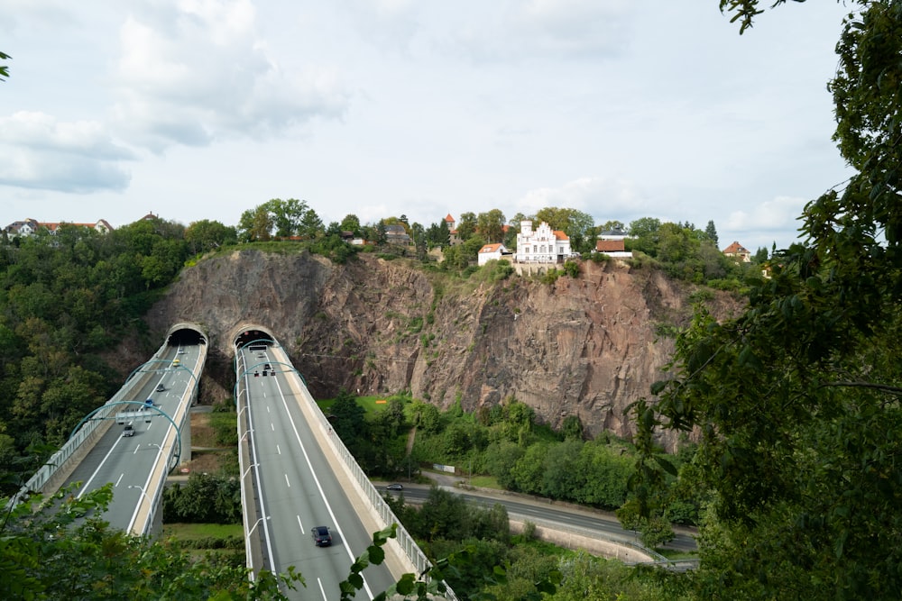 a view of a road going over a bridge