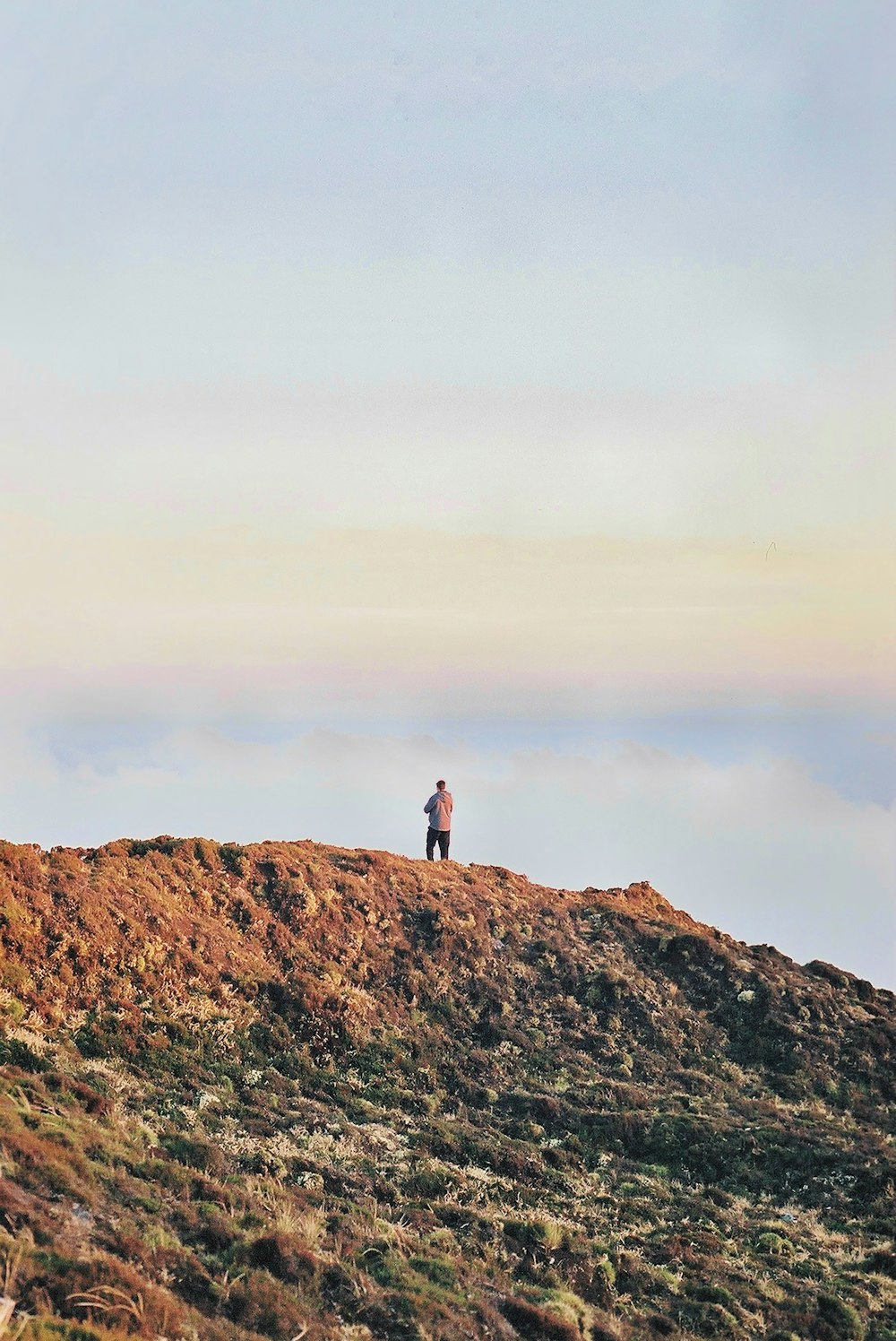 a man standing on top of a grass covered hill