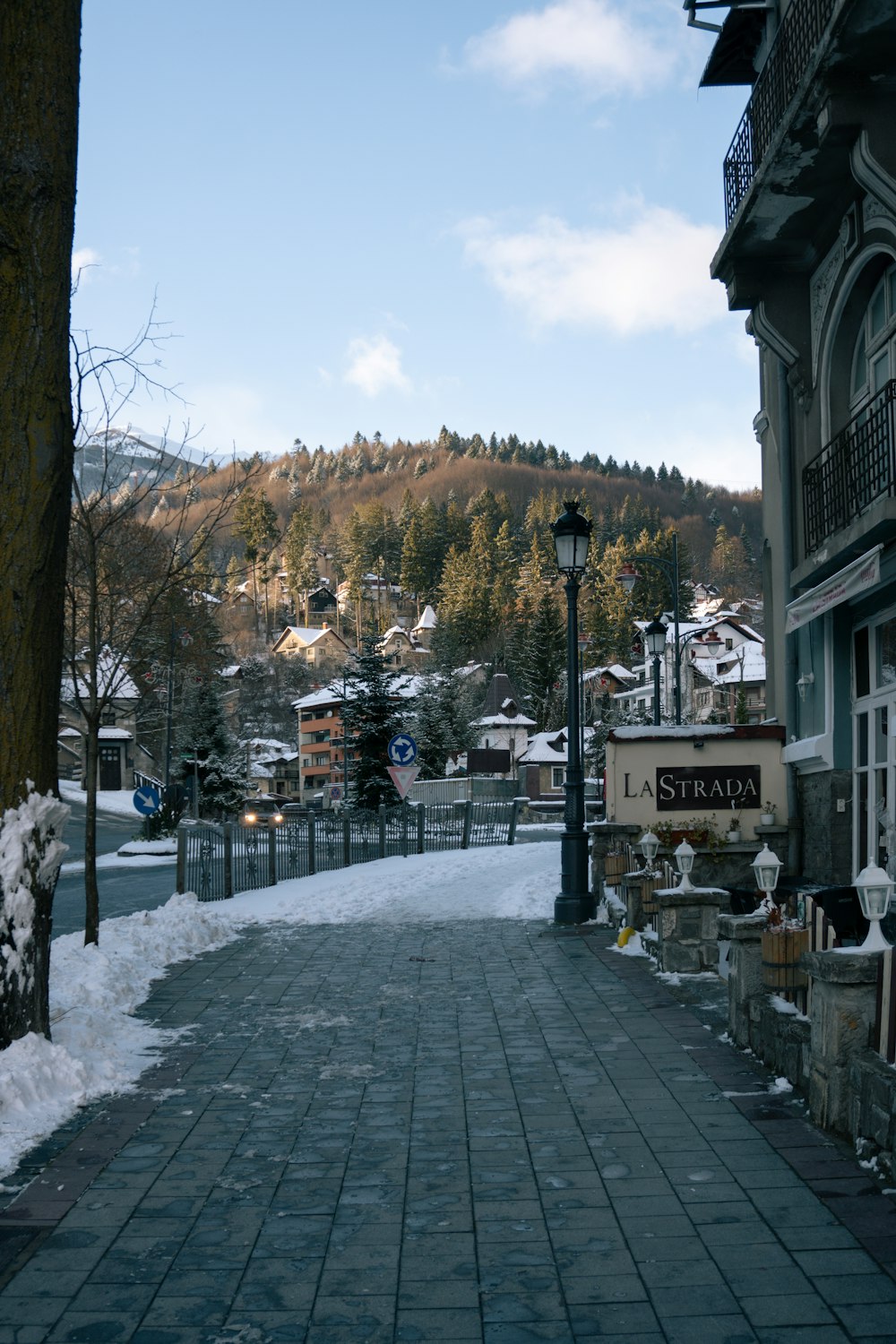 a cobblestone street with a mountain in the background