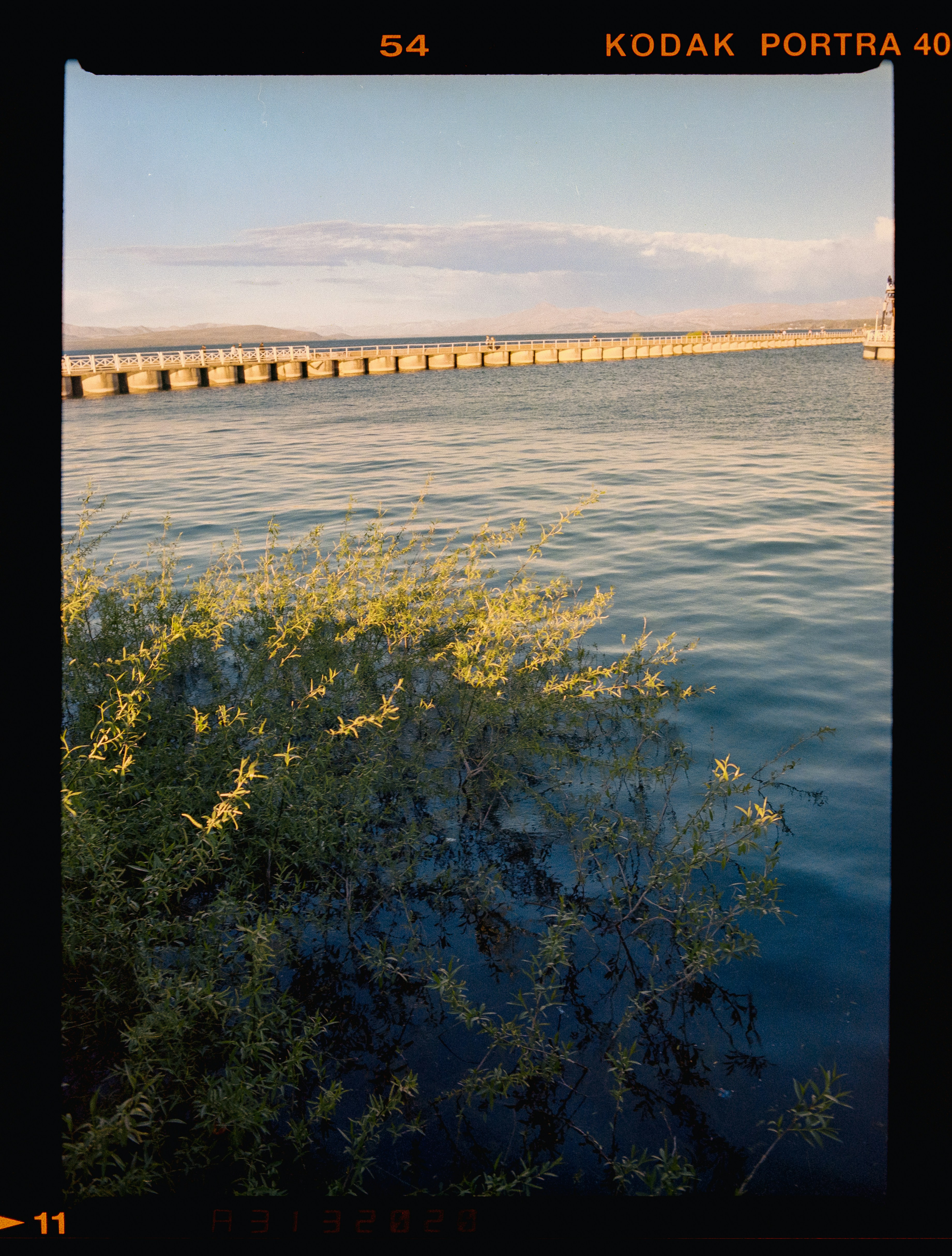 a body of water with a bridge in the background