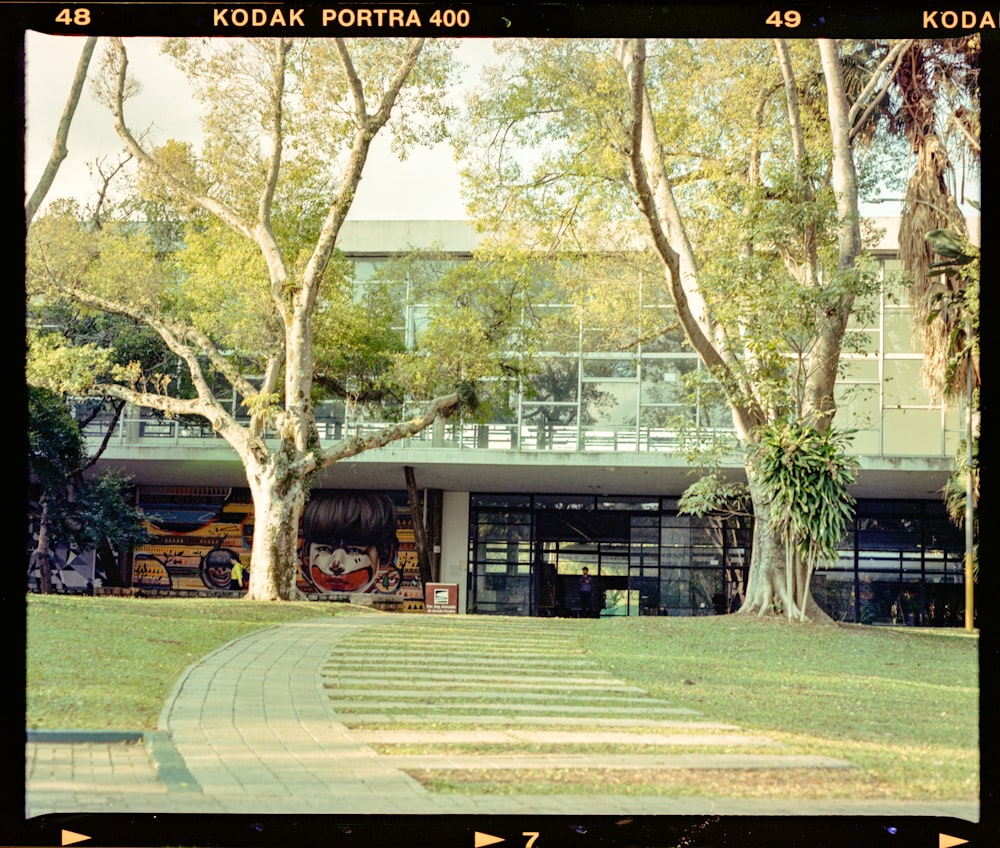 a picture of a building with trees in front of it