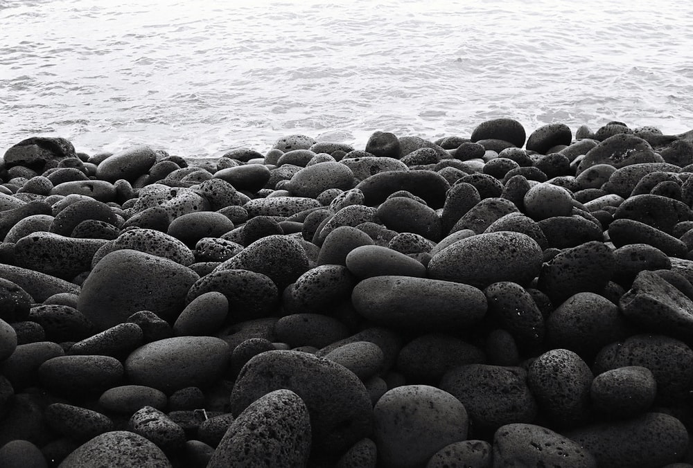 Ein Schwarz-Weiß-Foto von Felsen und Wasser