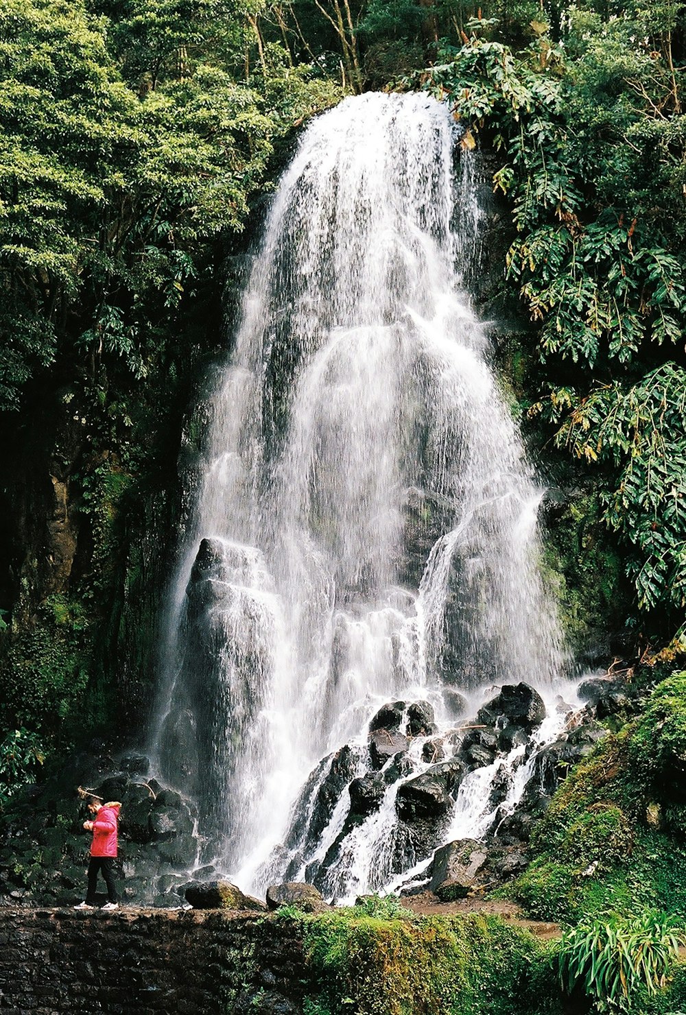 una persona in piedi davanti a una cascata