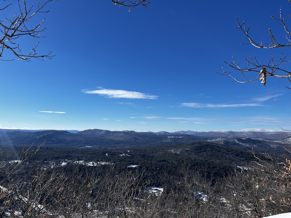 a view of the mountains from a snowy hill