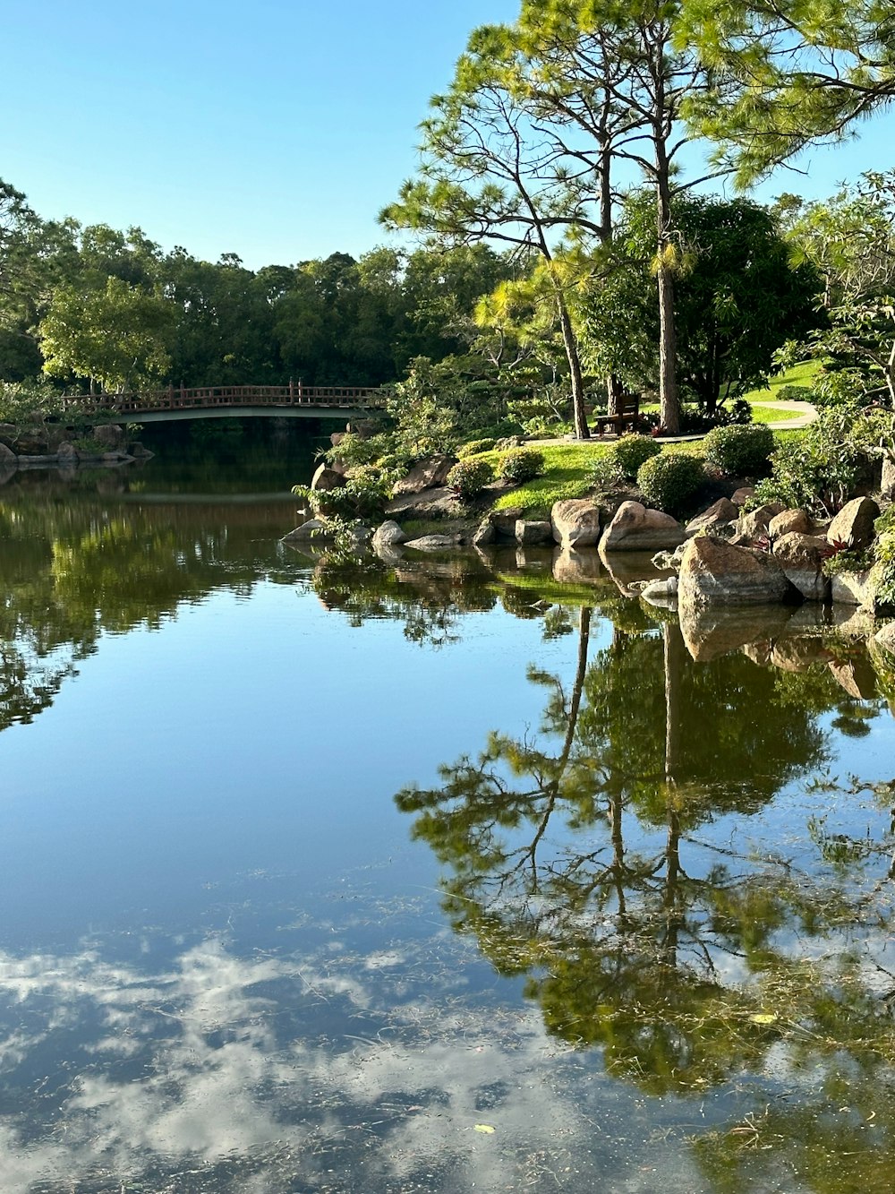 a pond surrounded by rocks and trees with a bridge in the background