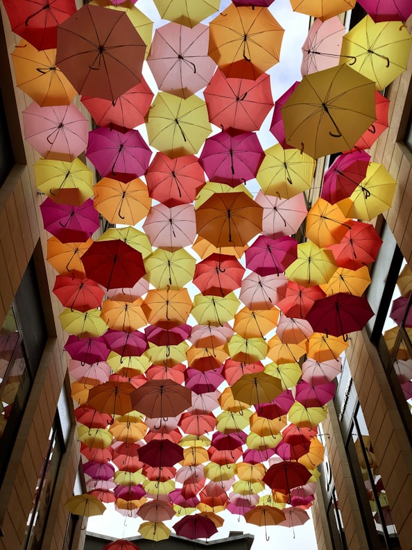 a group of colorful umbrellas hanging from the ceiling