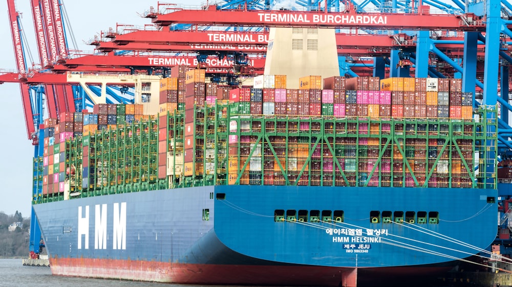 a large cargo ship is loaded with containers