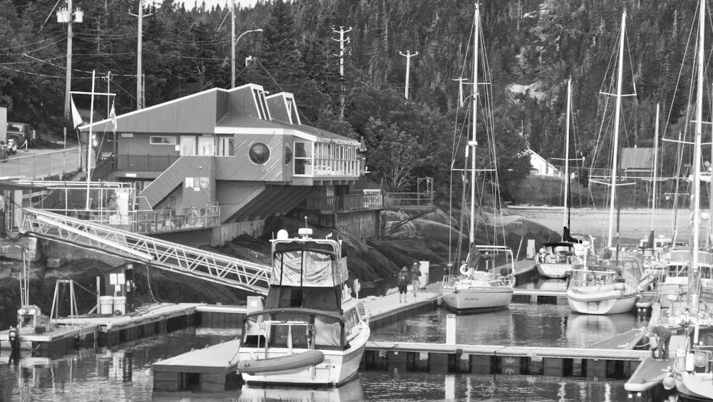 a black and white photo of boats docked at a dock