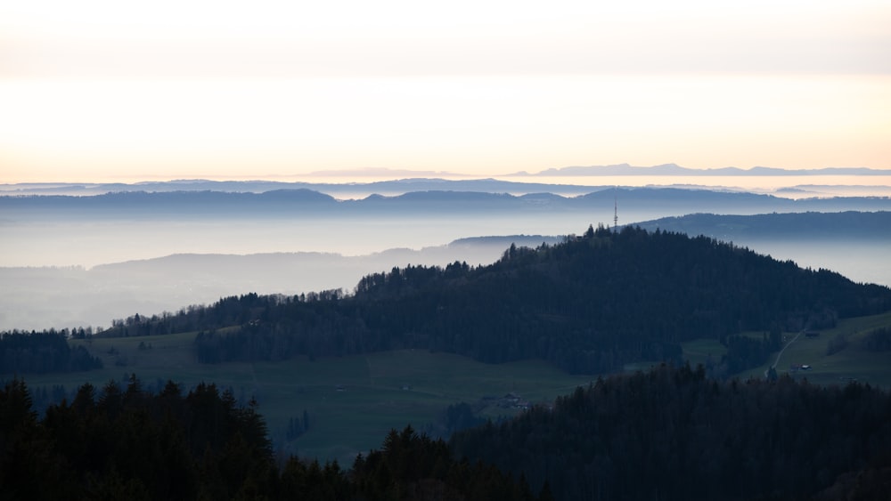 a view of a mountain range with trees in the foreground