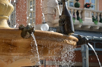 a close up of a water fountain with a building in the background