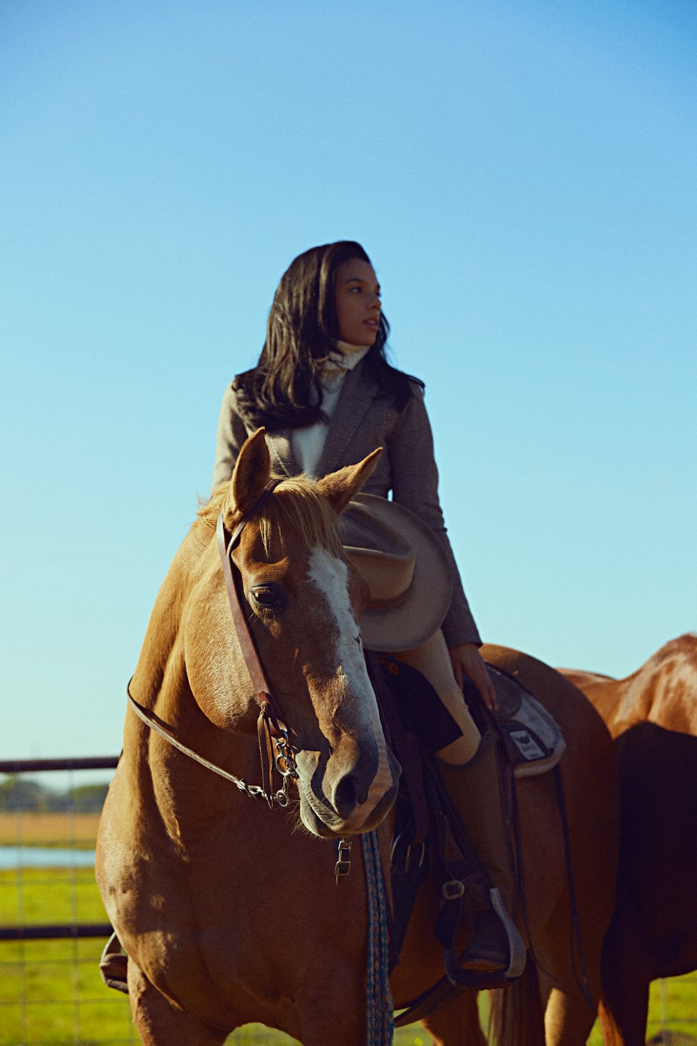 eine Frau, die auf dem Rücken eines braunen Pferdes reitet