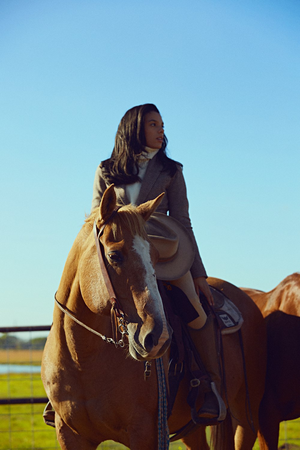 a woman riding on the back of a brown horse