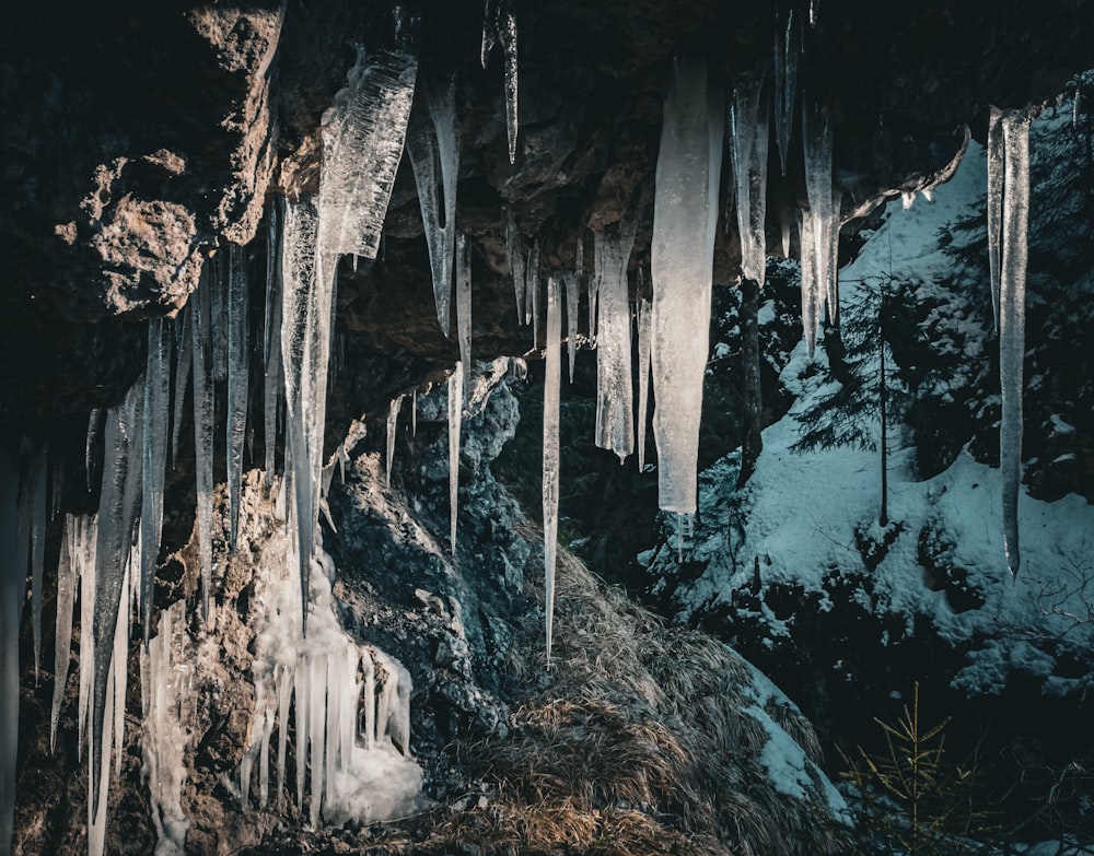 a group of icicles hanging from the side of a mountain