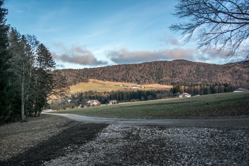 a dirt road with a mountain in the background