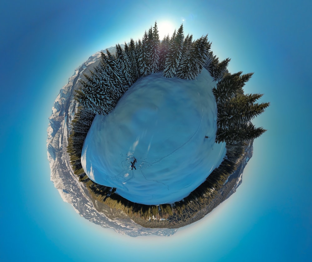 an aerial view of a snow covered island