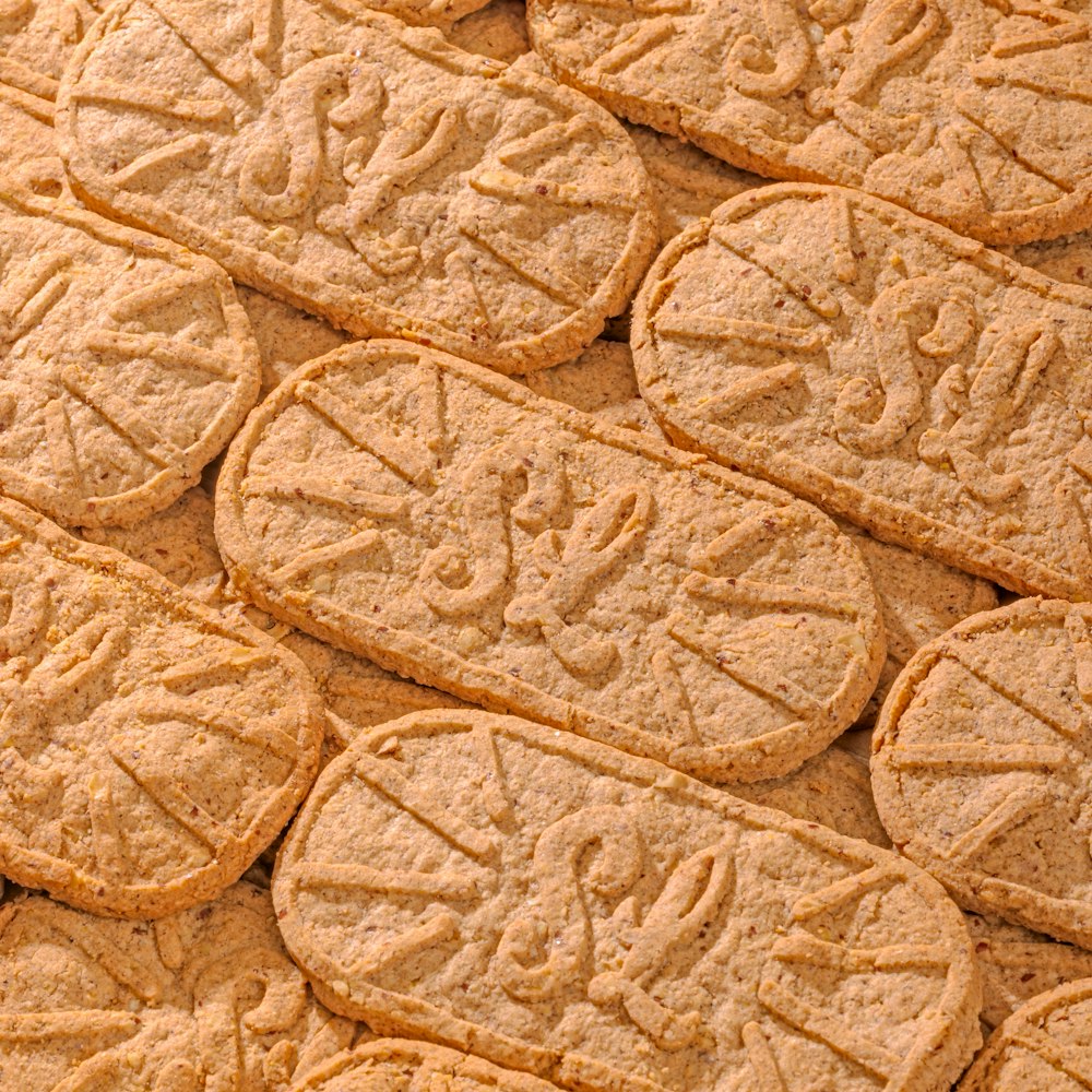a close up of cookies with writing on them
