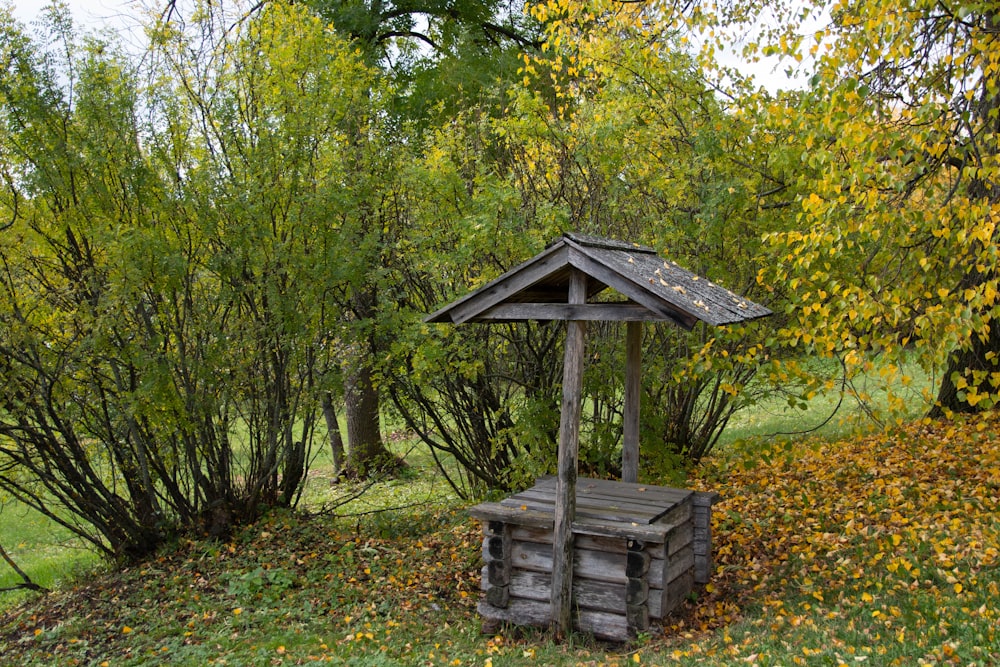 a wooden outhouse sitting in the middle of a forest