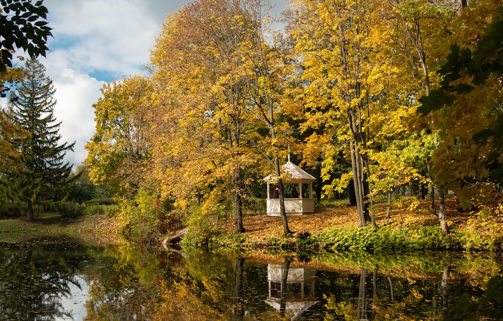 a lake surrounded by trees with a gazebo in the middle