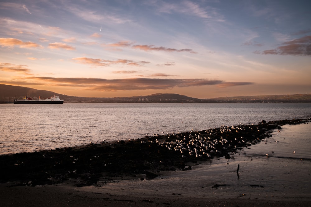 a large body of water with a boat in the distance