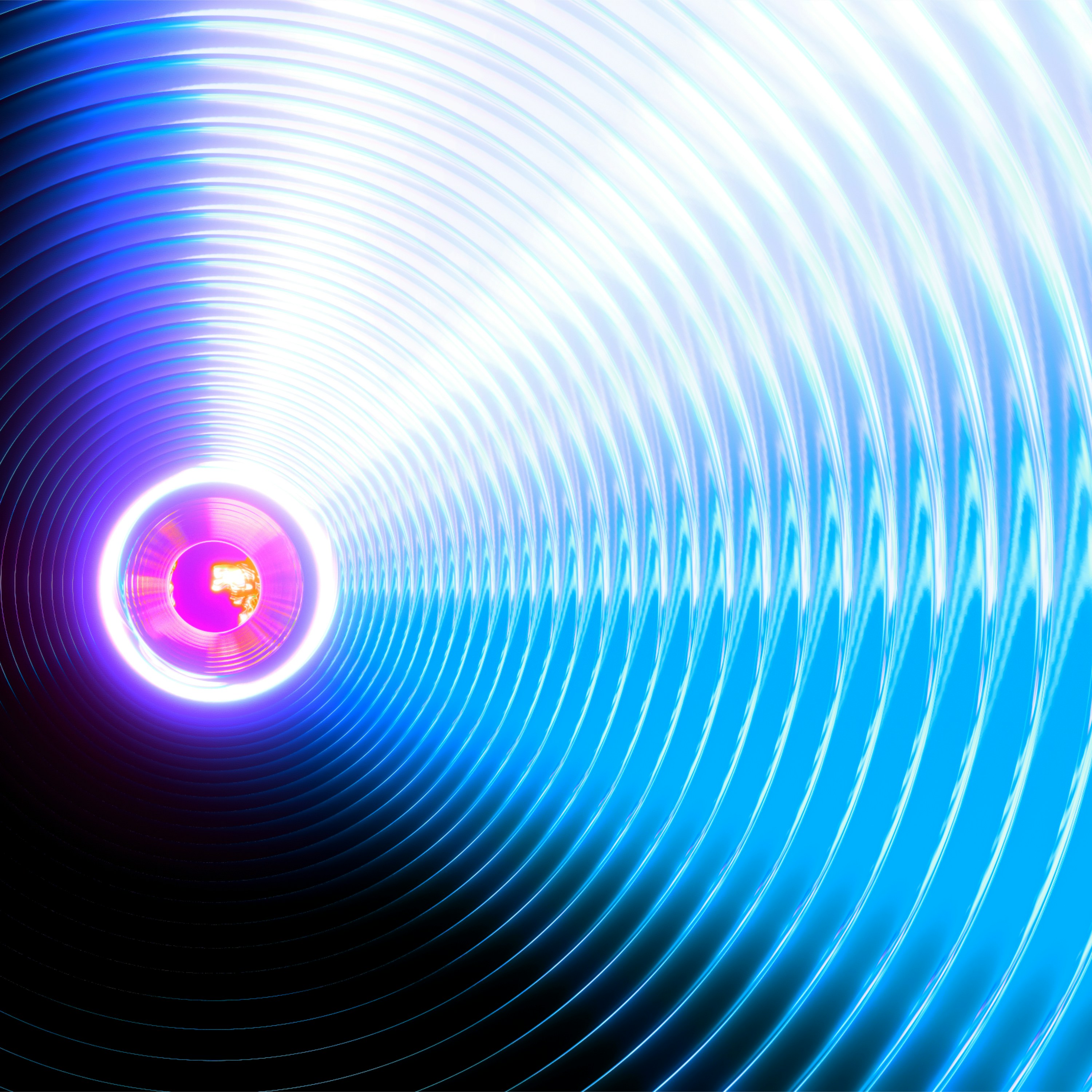 a blue and white tunnel with a light at the end