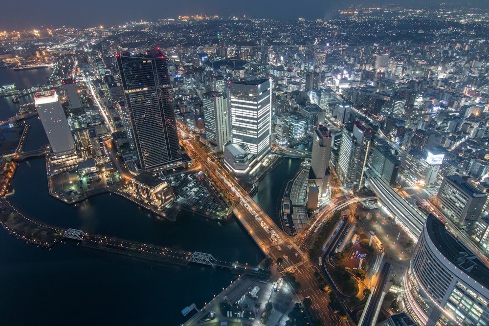 an aerial view of a city at night