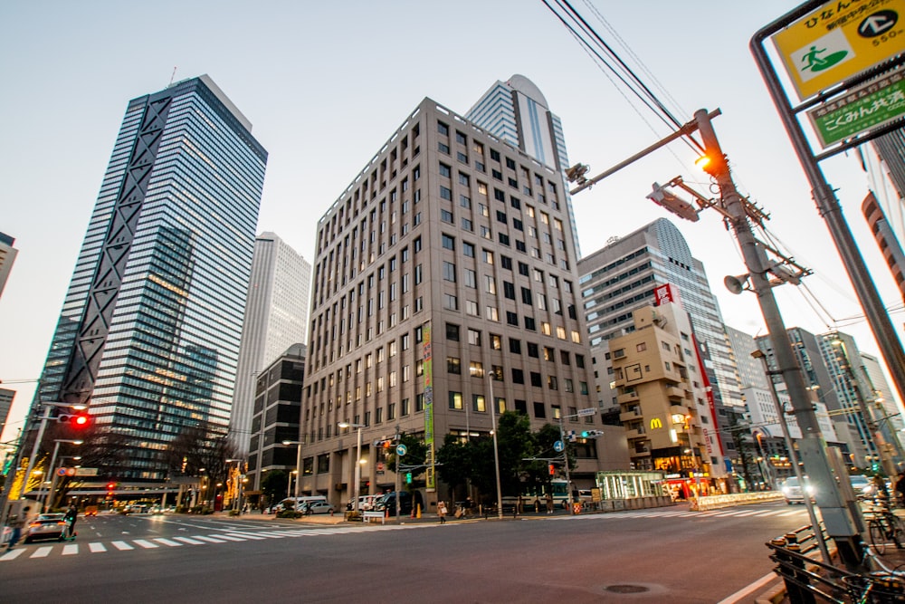 a city street filled with lots of tall buildings