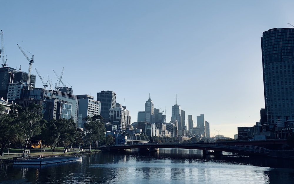 a body of water with a city in the background