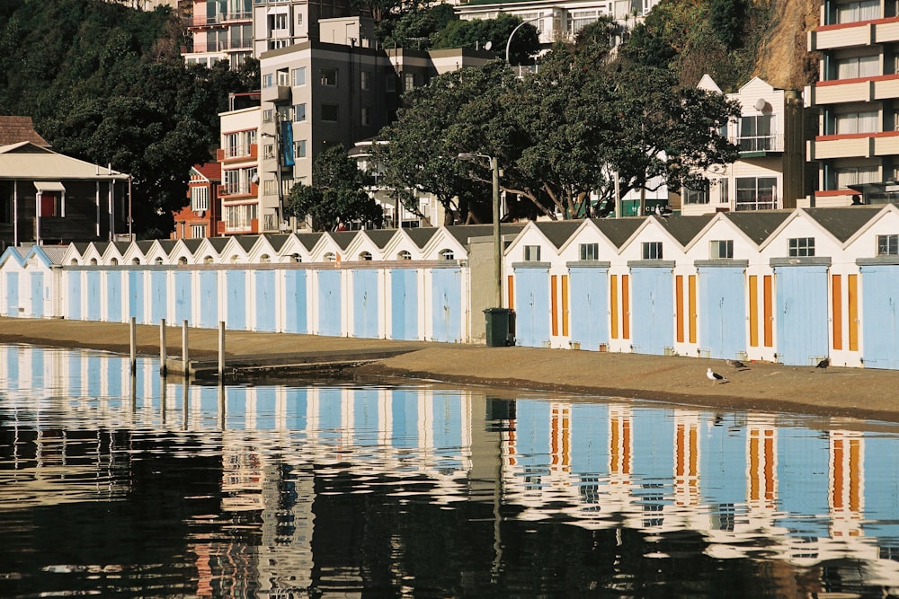 a body of water with a row of houses in the background