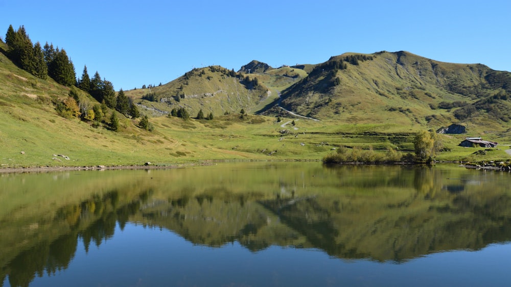 a lake surrounded by mountains in the middle of the day