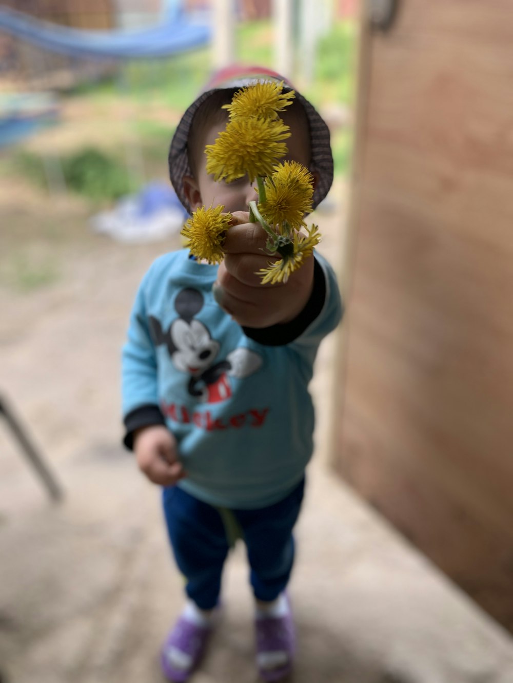 a small child holding a yellow flower up to the camera