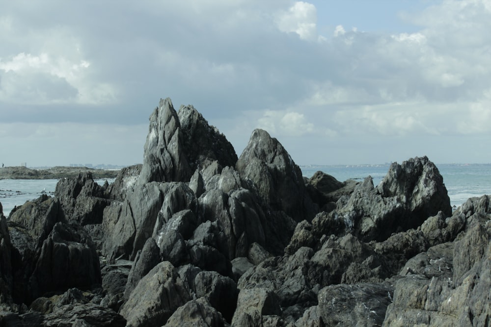背景に水域がある岩だらけのビーチ