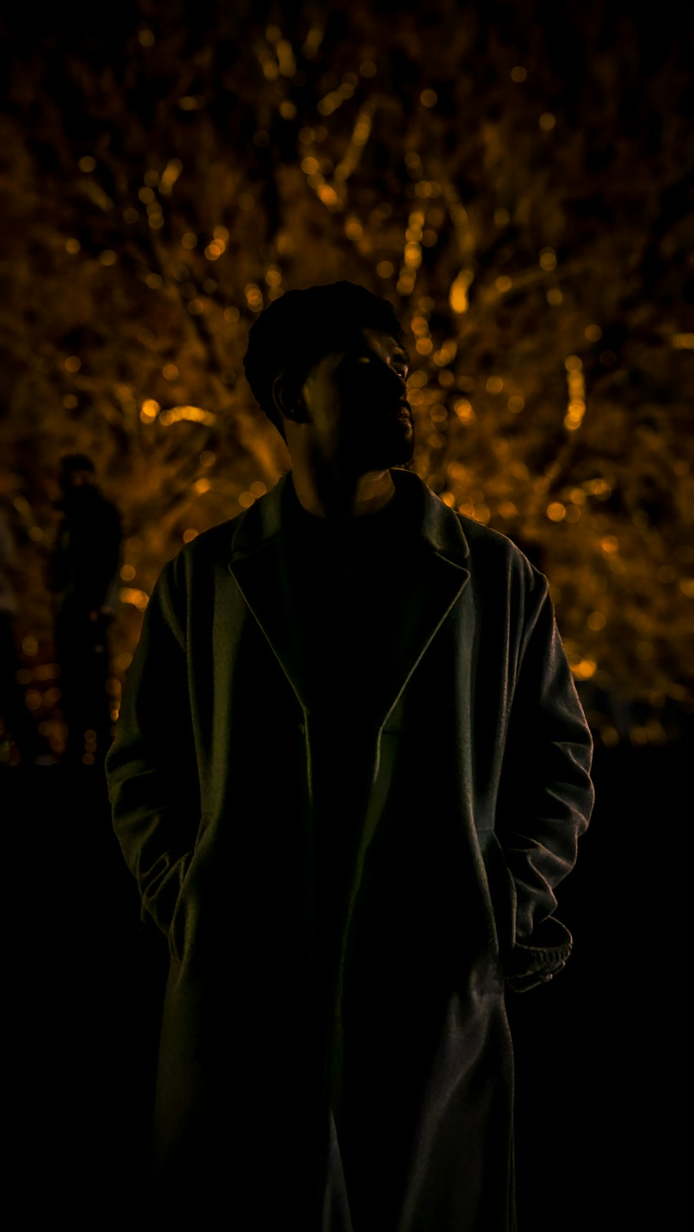 a man standing in front of a tree at night