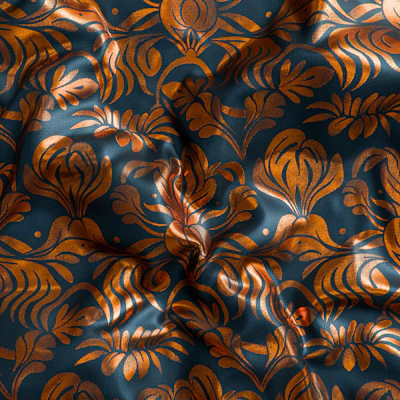 Close-up of a folded blue and gold patterned fabric