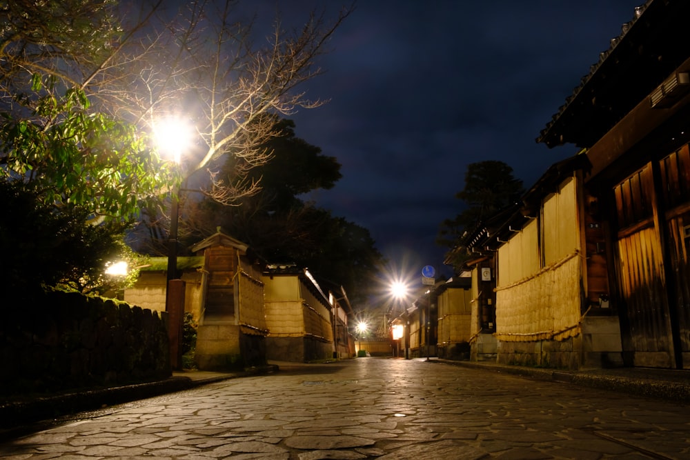 uma rua de paralelepípedos à noite com luzes de rua